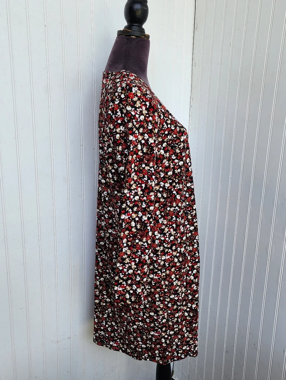 J Jill Wearever Black Red Floral V Neck Dress Stretch Long Sleeve Rayon Sz S